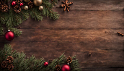 Wall Mural - Wooden Background with Pine Needles and Ornaments