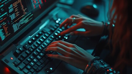 hands, people, and keyboard typing for data, information, and study using system technology. A woman, a screen, and an overlay with cybersecurity programming, code, or software updates
