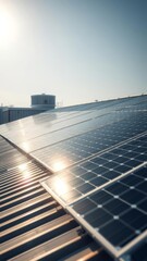 Solar panels, rooftop installation, industrial building, sunlight reflection, blue sky, urban energy, photovoltaic technology, sustainable power, modern architecture, clean energy solution, lens flare