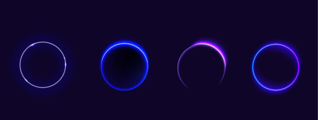 Wall Mural - solar eclipse circles showing moon covering sun on dark background. glowing purple neon rings with b