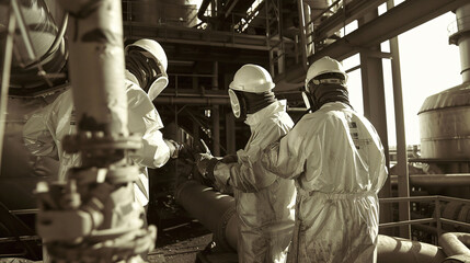 Three industrial workers wearing protective suits and helmets inspect machinery at a processing facility, emphasizing safety and teamwork in hazardous environments