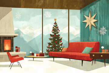 mid century modern holiday interior design christmas card style background illustration retro vintag