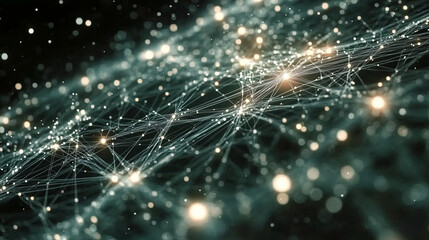 Sparkling, dynamic web of intertwined lines and dots on a deep background, showcasing the evolution of technology, data analysis, AI advancements, and IT innovation