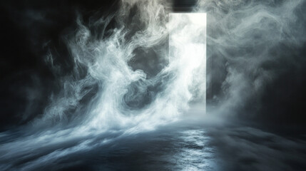 Wall Mural - Mystical smoke swirling from a mysterious door in the darkness abstract surreal afterlife heavenly fog and light with black background negative space copy space life after death path journey portal	