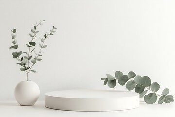 minimal product display design. Podium with green eucalyptus leaves. 3D Render