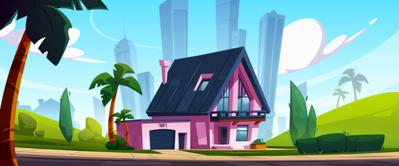 Modern pink house with dark roof near metropolitan area. Contemporary mansion with garage surrounded with palm trees. Cartoon suburban landscape with city skyscrapers in background against blue sky.