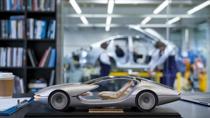 A sleek car model displayed in a design studio with engineers working in the background.
