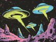 © GEA STOCK - Retro space alien flying saucers zooming through outer space 1960s campy fun color tv show kids cartoon storybook vintage illustration style