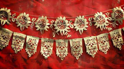 Red color banner on Cinco de Mayo holiday celebration. Mexican themed decorative elements