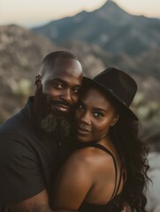 Poster - Happy couple taking a selfie with a beautiful sunset in the background. AI.