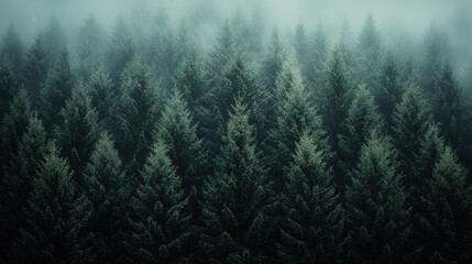 Wall Mural - misty evergreen forest landscape with dense pine trees in early morning light at a tranquil location