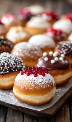 A close-up of a variety of colorful donuts. AI.