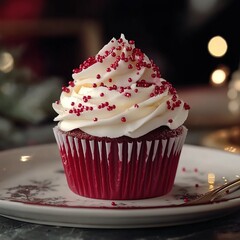 Delicious Red Velvet Cupcake with Creamy Vanilla Frosting and Red Sprinkles on Elegant Plate.