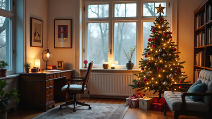 Christmas tree in the interior. Free space.