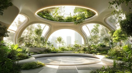 Canvas Print - A breathtaking circular structure filled with lush indoor plants, beautifully merging nature and architecture in a serene atmosphere