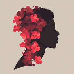 Human profile with geranium flowers, mixed red and pink clusters, flat design illustration