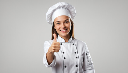 Portrait of a smiling female chef showing thumbs up, isolated on White background