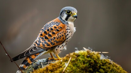 Wall Mural - A close-up of a small, colorful falcon perched on a mossy log with a blurred background.