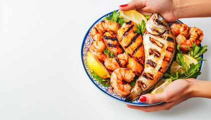 Waiter holding plate of grilled fish and seafood platter