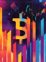 dollar production, coins, stock graphs, and Bitcoin in various creative graphic styles