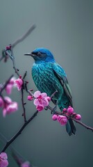 Wall Mural - A vibrant blue bird perches on a branch with pink blossoms, creating a beautiful contrast against a soft green background.