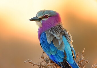 Wall Mural - A vibrant lilac-breasted roller perches on a branch against a warm sunset backdrop.