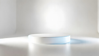 Fototapete - A minimalist white showcase platform illuminated in a bright, empty space, ideal for displaying products or art.