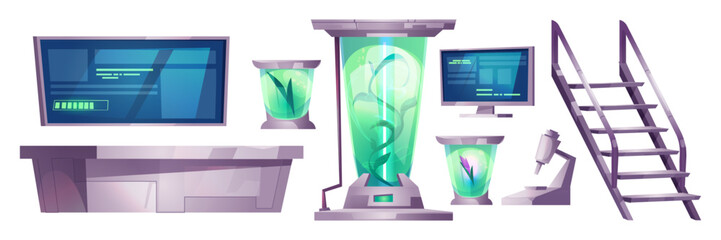 Futuristic laboratory equipment set for spacecraft. Large monitors with data, test tubes with glowing substances and plants, metal upward stairs , scientific microscope. space exploration experiments.