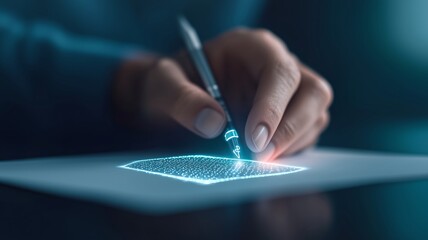 A closeup of a hand signing a virtual endofyear financial contract, the hologram glowing around the signature, digital art