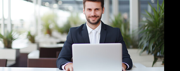 Professional man working on laptop in modern office with greenery and natural light during daytime