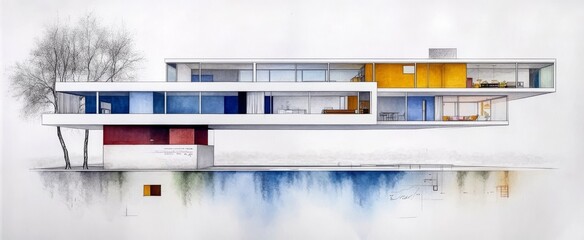 Architectural drawing of a modern house with colorized sketch lines on a white background
