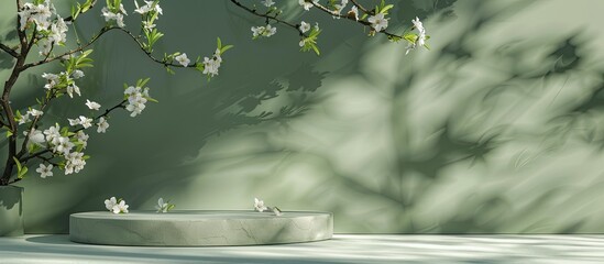 Sticker - Blooming branches on a green backdrop with shadows create a picturesque setting for decorative podiums in a copy space image