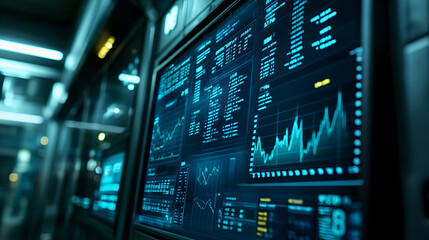 Close-up of a computer screen displaying data and graphs in a futuristic setting.