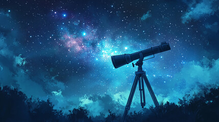 Wall Mural - Astronomy concept with a telescope pointed toward a starry sky, galaxies visible in the distance, and a wide area for text.