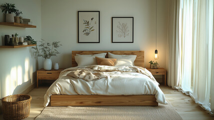 Wall Mural - Scandinavian style bedroom with light bright tones and natural materials