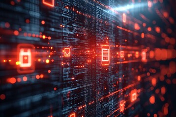 Digital data stream with red glowing icons on a black background.