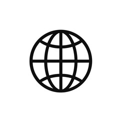 Globe icon in black outline, minimalist style, global communication