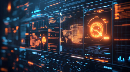 Futuristic digital interface with glowing icons and data streams.