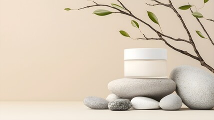 A white beauty product container sitting on stones with branches, muted background, soft lighting, and clean neutral colors, ideal for natural skincare branding