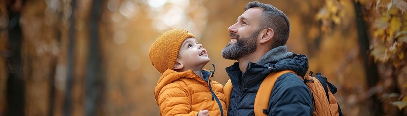 Father and child enjoying a joyful moment in autumn foliage, capturing love and warmth.