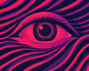 a vibrant illustration featuring a stylized eye surrounded by swirling lines in shades of pink and p