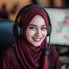 Smiling young female in a headset, exuding professionalism and warmth.