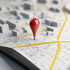 Wall Mural - red pin is marking a specific location on a 3d city map with buildings and a river