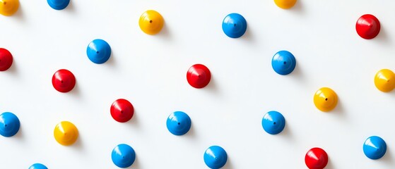 Symmetrical pattern of push pins in primary colors red, yellow, blue arranged in a circular pattern on a whiteboard, bold and graphic style