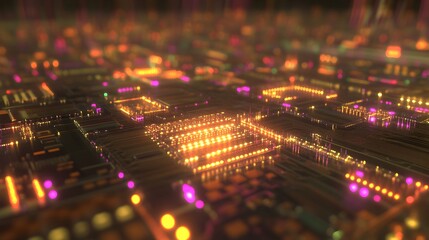 Stunning 3D visualization of a high tech computer chip or microprocessor floating in a cosmic space setting with glowing electric currents illuminated circuits and intricate micro details