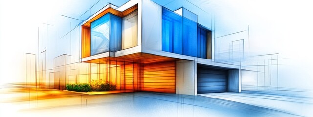 Architectural drawing of a modern house with colorized sketch lines on a white background