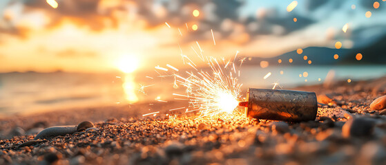 Wall Mural - Vibrant firecrackers on a serene beach at sunset capturing the chaotic beauty of waves and colors