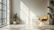 © hamzahalderad - Minimalist home office with a yellow chair, plants, and a large window with sunlight streaming in.