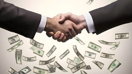 Two men in suits shake hands with money falling around them.