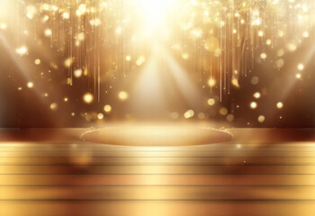 Poster - a glowing golden stage with spotlights and shimmering bokeh.